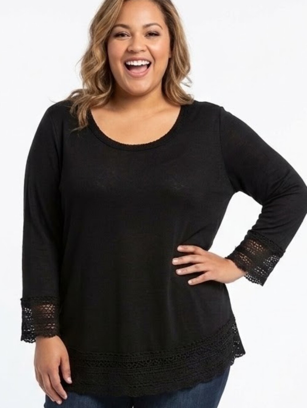 Almost Famous Plus Size Black Scoop Neck Lace-Hem Women's Top